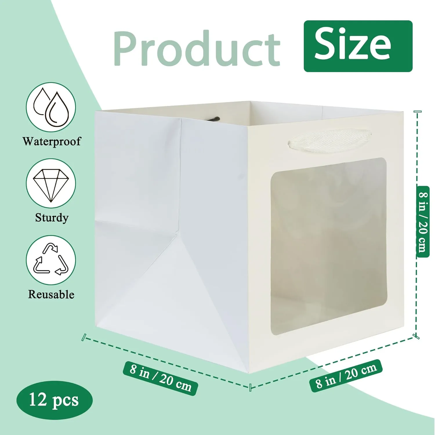 KEYYOOMY White Square Kraft Paper Gift Bags with Window- Small Square Bottom Gift Bags with Handles Party Favor Bag for Wedding Party Birthday Christmas (12 CT, 8x8x8 In)