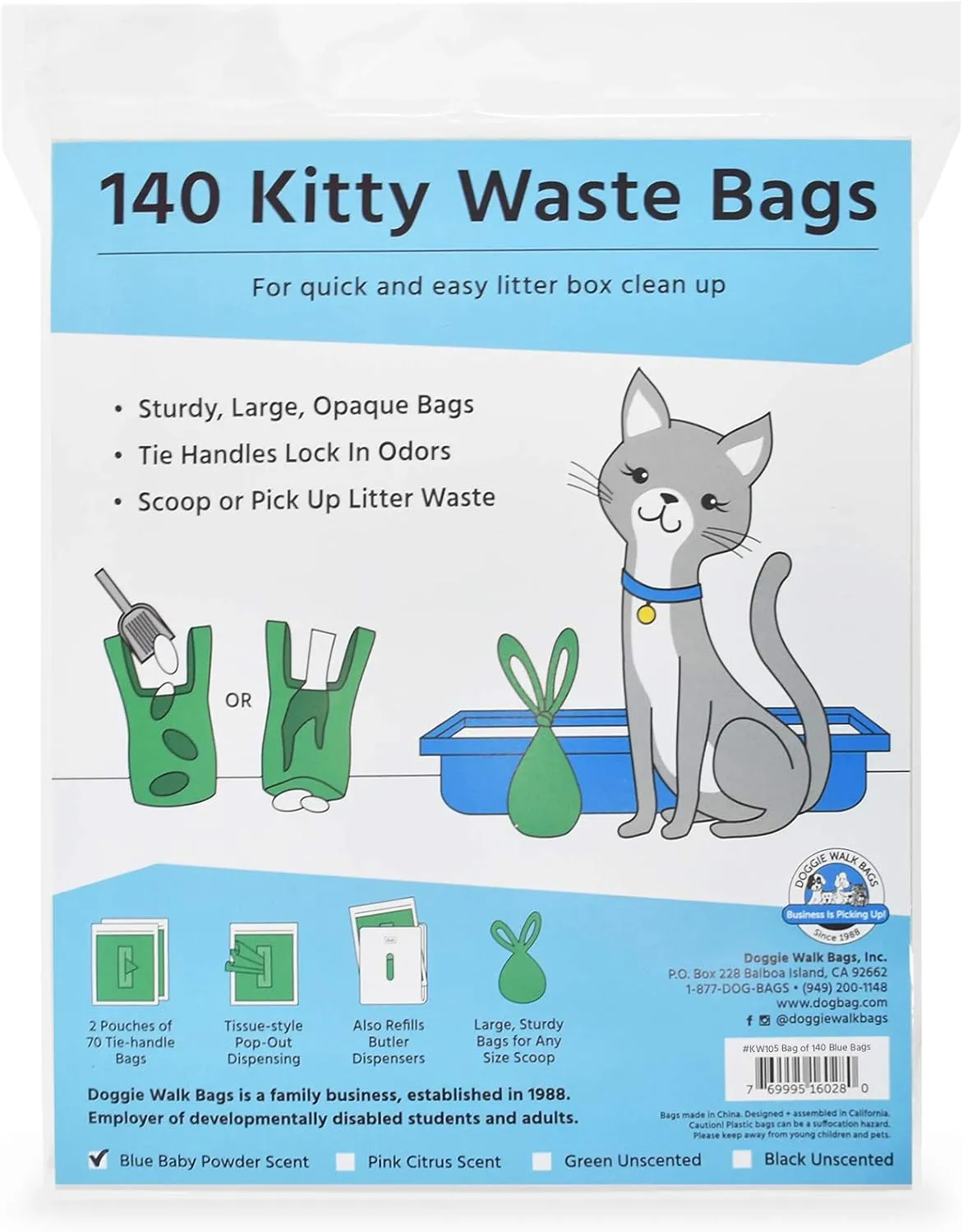Kitty Waste Bags Cat Litter Bags with Easy Tie Handles, Extra Large and Leak Proof, Fits Large Sized Scoops, Blue Baby Powder Scented, 5 x 7 x 17 Inches