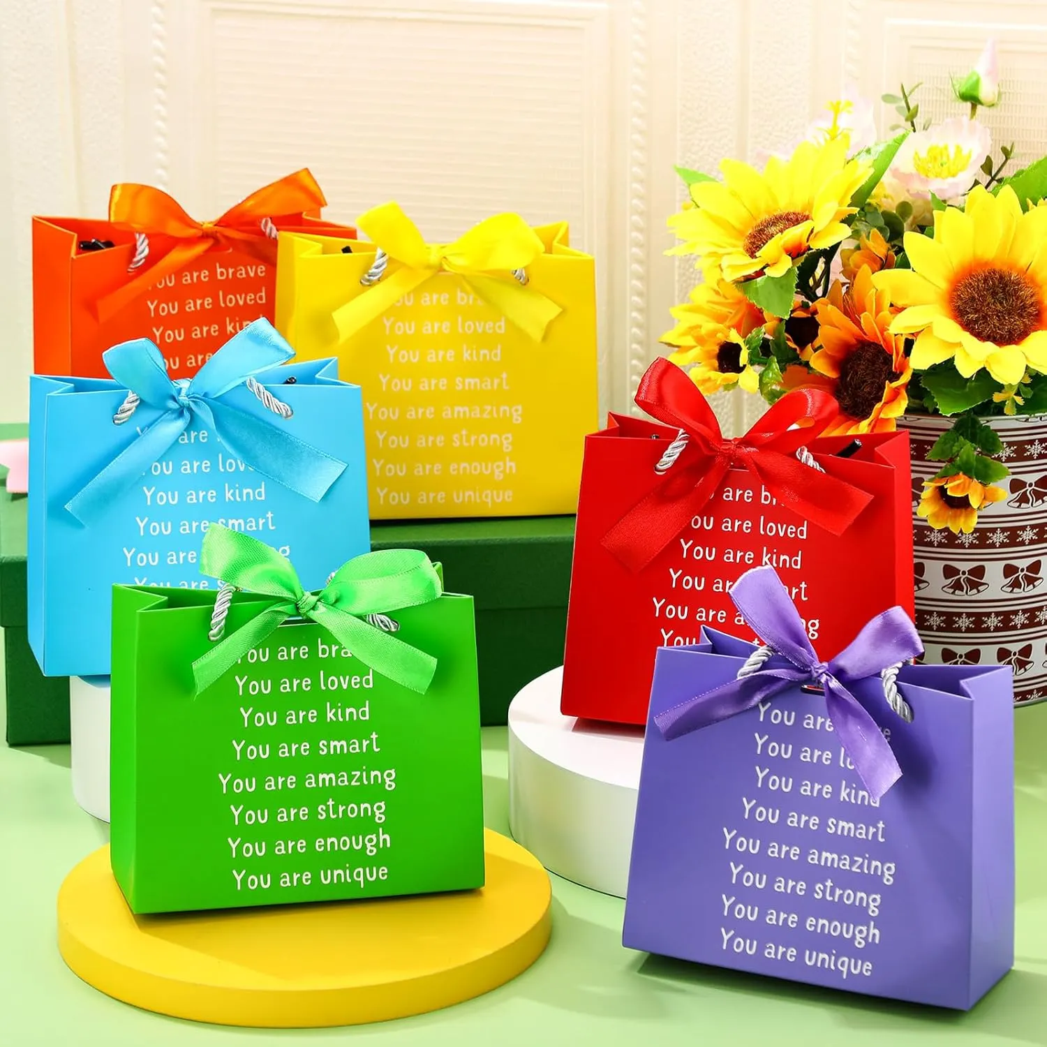 Kolldenn 24 Pack End of The Year Gifts Bags for Students Rainbow Inspiration Bag with Handles and Ribbon Goodie Gift Bag for Primary School Student Sunday School Rainbow Party Favors (Elegant Style)