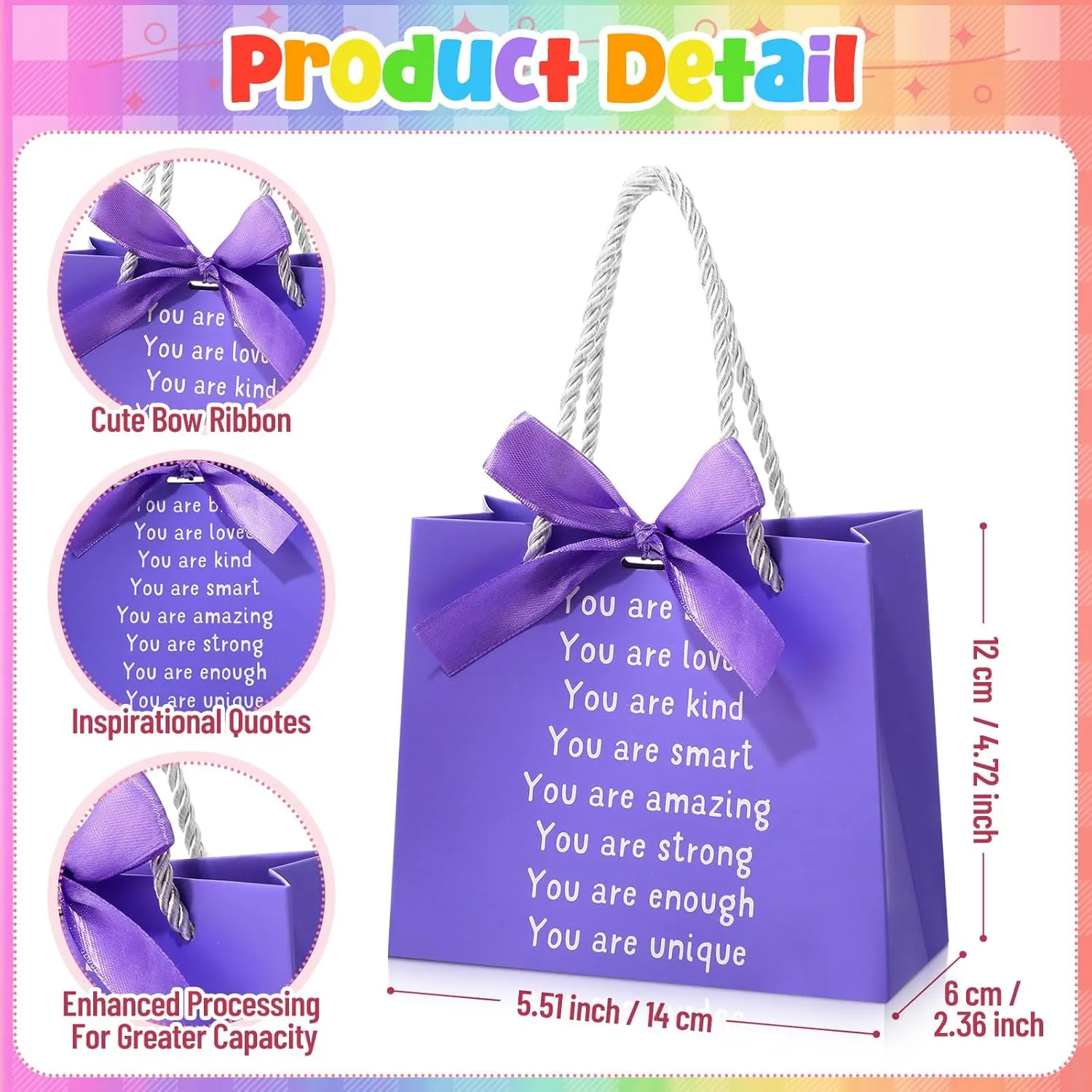 Kolldenn 24 Pack End of The Year Gifts Bags for Students Rainbow Inspiration Bag with Handles and Ribbon Goodie Gift Bag for Primary School Student Sunday School Rainbow Party Favors (Elegant Style)