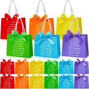 Kolldenn 24 Pack End of The Year Gifts Bags for Students Rainbow Inspiration Bag with Handles and Ribbon Goodie Gift Bag for Primary School Student Sunday School Rainbow Party Favors (Elegant Style)