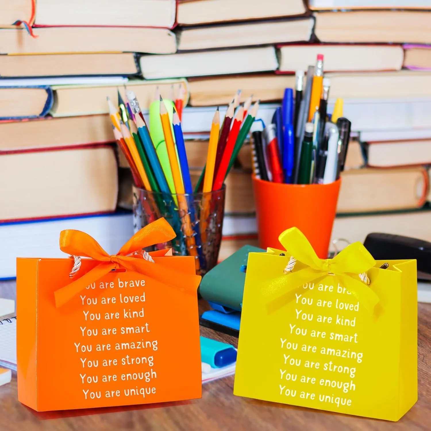 Kolldenn 24 Pack End of The Year Gifts Bags for Students Rainbow Inspiration Bag with Handles and Ribbon Goodie Gift Bag for Primary School Student Sunday School Rainbow Party Favors (Elegant Style)