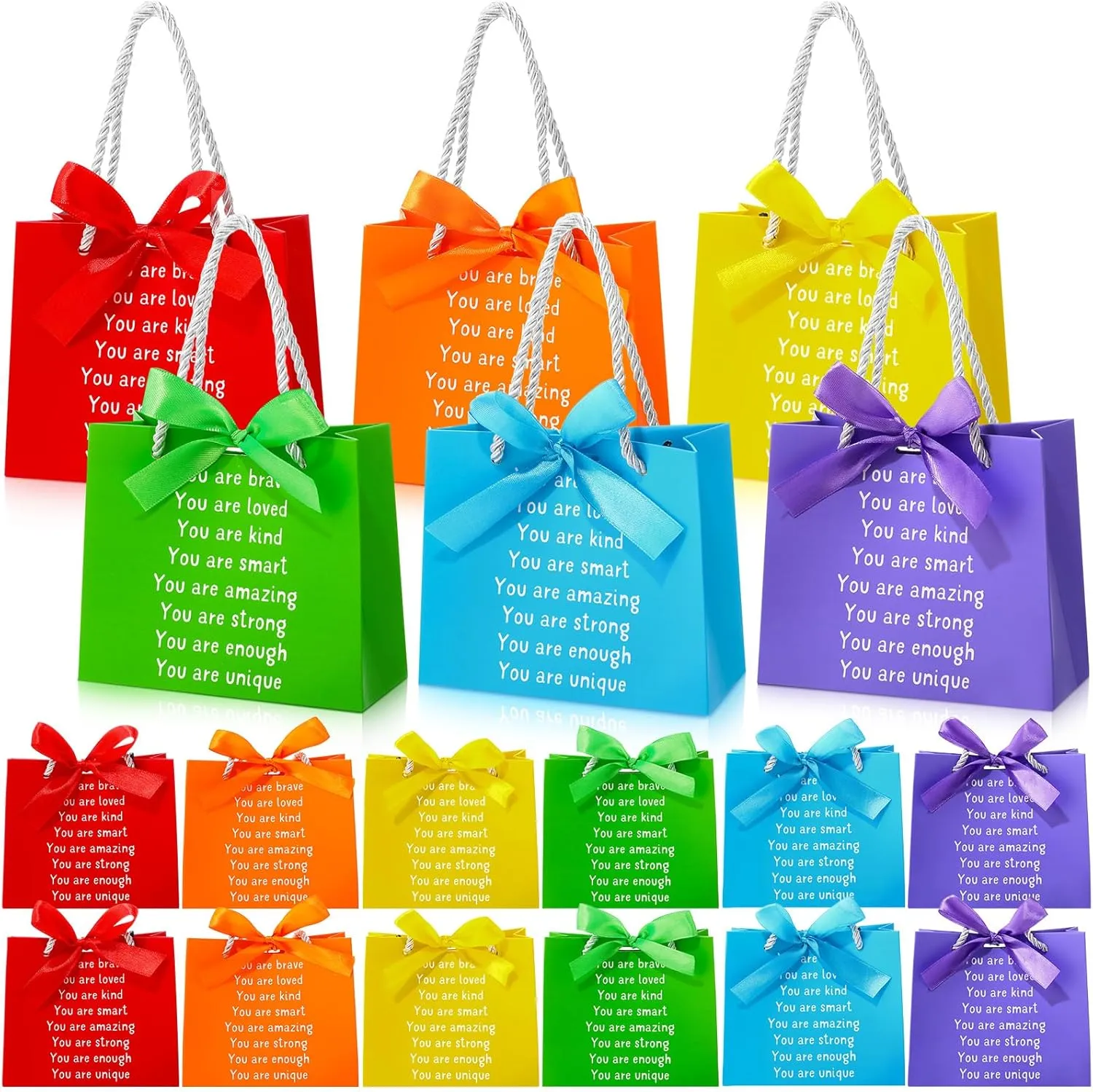 Kolldenn 24 Pack End of The Year Gifts Bags for Students Rainbow Inspiration Bag with Handles and Ribbon Goodie Gift Bag for Primary School Student Sunday School Rainbow Party Favors (Elegant Style)