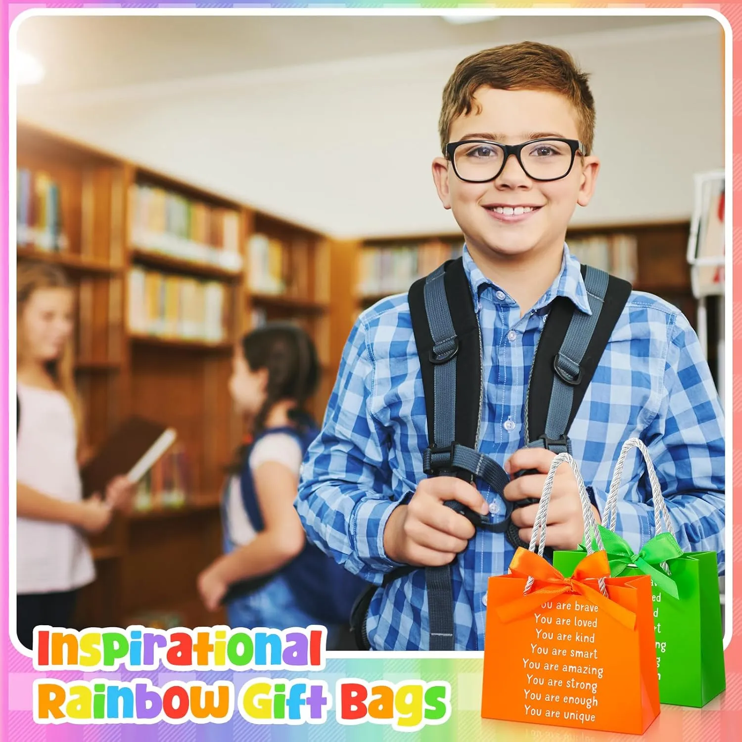 Kolldenn 24 Pack End of The Year Gifts Bags for Students Rainbow Inspiration Bag with Handles and Ribbon Goodie Gift Bag for Primary School Student Sunday School Rainbow Party Favors (Elegant Style)