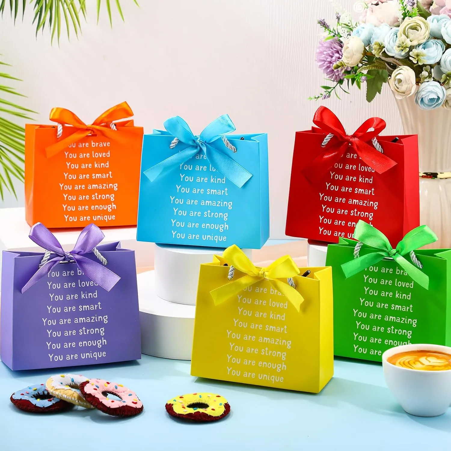 Kolldenn 24 Pack End of The Year Gifts Bags for Students Rainbow Inspiration Bag with Handles and Ribbon Goodie Gift Bag for Primary School Student Sunday School Rainbow Party Favors (Elegant Style)