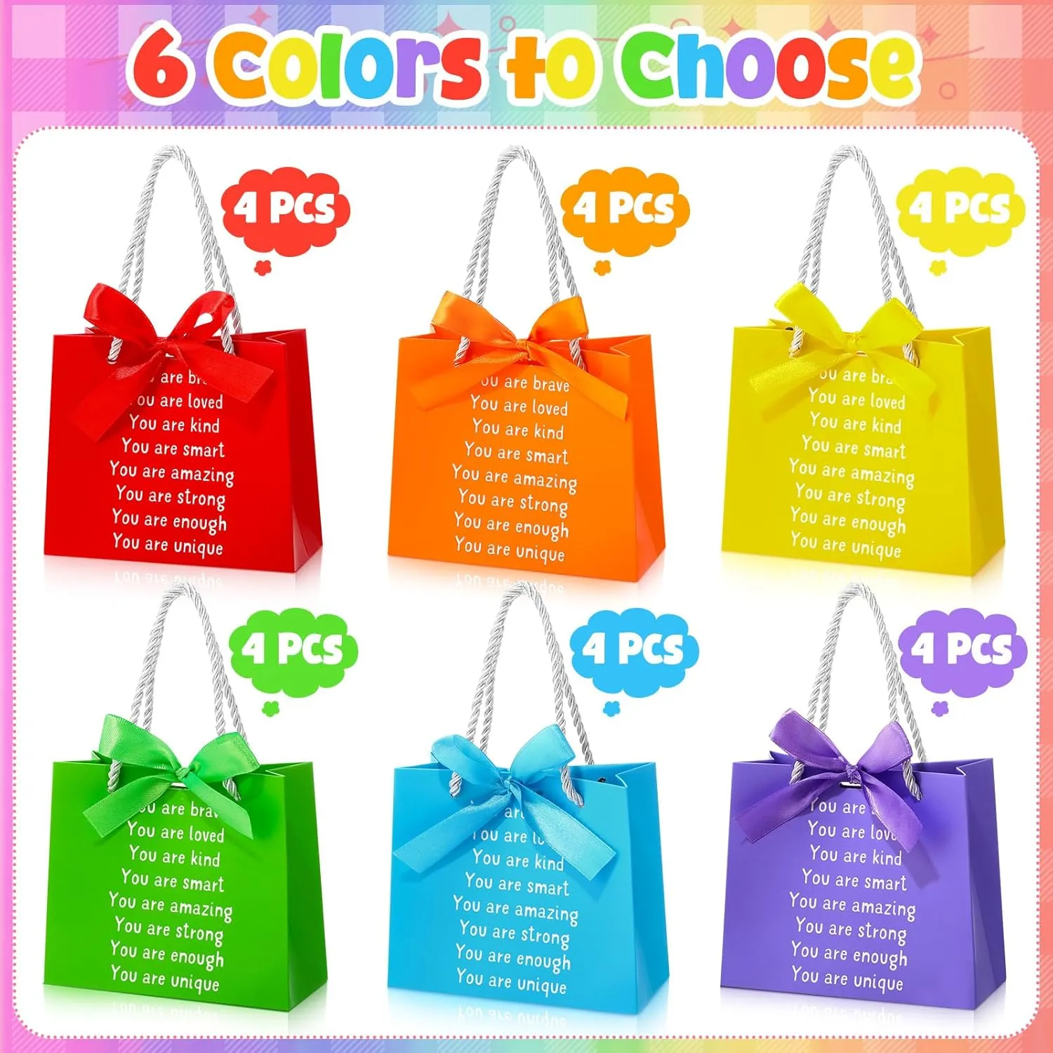 Kolldenn 24 Pack End of The Year Gifts Bags for Students Rainbow Inspiration Bag with Handles and Ribbon Goodie Gift Bag for Primary School Student Sunday School Rainbow Party Favors (Elegant Style)