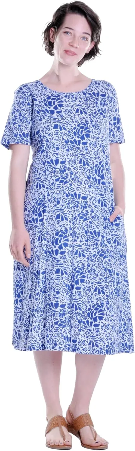LA CERA Women's Cotton Sun Dresses A-Line with Scoop Neck, Short Sleeves, Side Pockets, Floral Patterns, Machine Wash