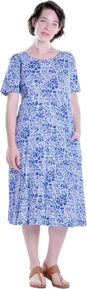 LA CERA Women's Cotton Sun Dresses A-Line with Scoop Neck, Short Sleeves, Side Pockets, Floral Patterns, Machine Wash