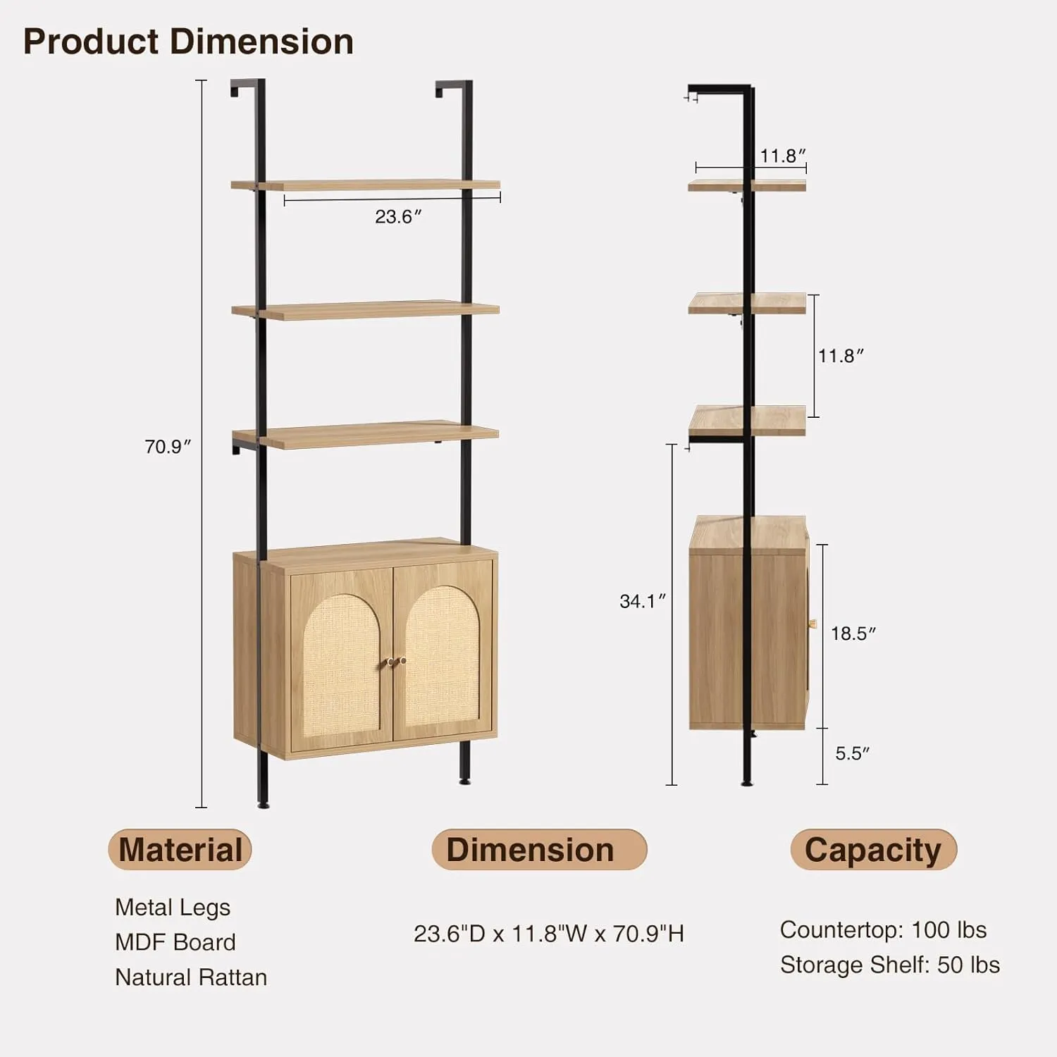 Ladder Bookshelf with Cabinet, 6 Tier Wall Mount Ladder Bookcase with Rattan Cabinet, Tall Open Ladder Shelf with Metal Frame for Living Room, Bathroom, Home Office, Natural