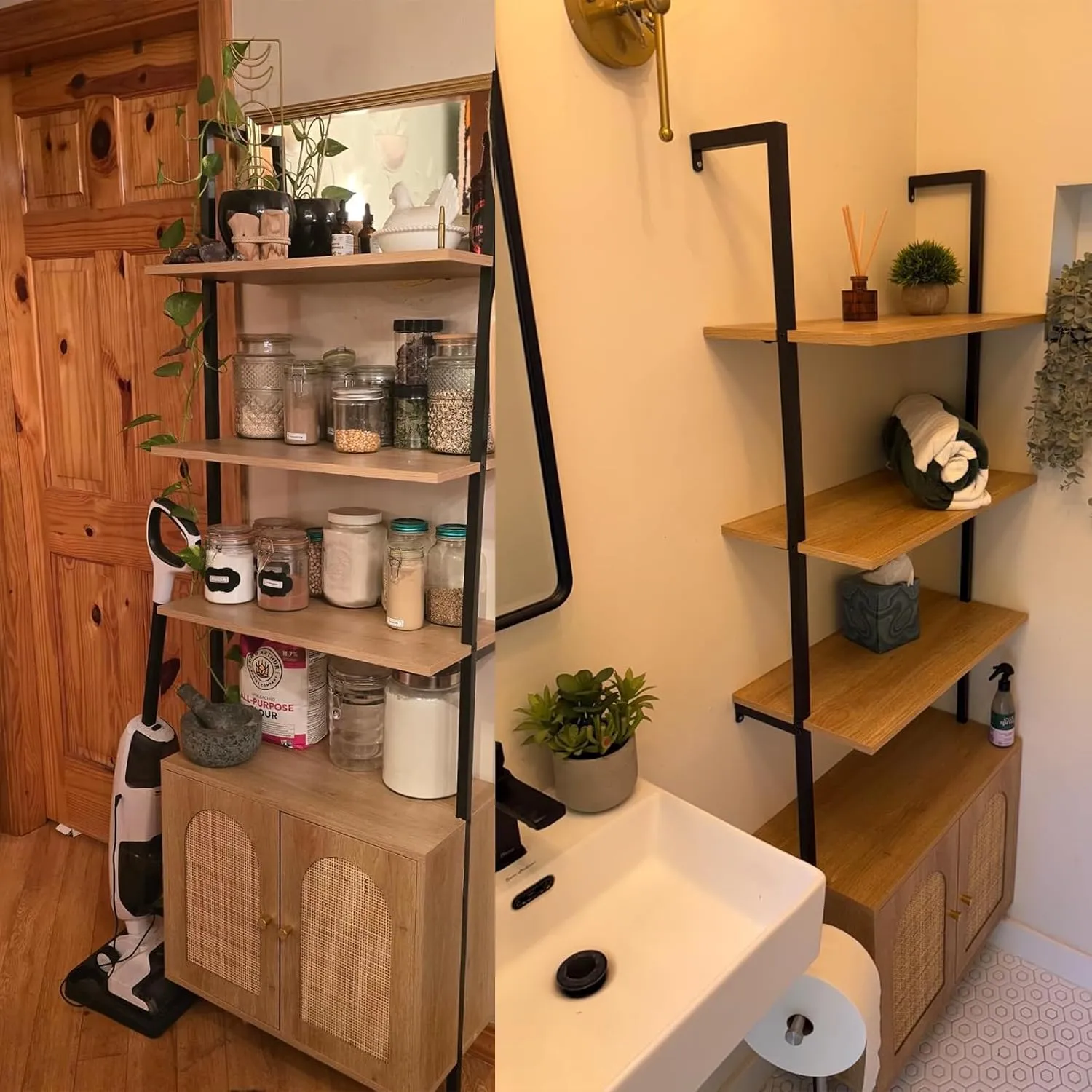 Ladder Bookshelf with Cabinet, 6 Tier Wall Mount Ladder Bookcase with Rattan Cabinet, Tall Open Ladder Shelf with Metal Frame for Living Room, Bathroom, Home Office, Natural