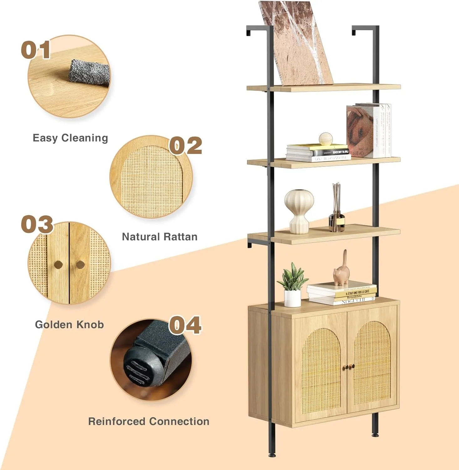 Ladder Bookshelf with Cabinet, 6 Tier Wall Mount Ladder Bookcase with Rattan Cabinet, Tall Open Ladder Shelf with Metal Frame for Living Room, Bathroom, Home Office, Natural