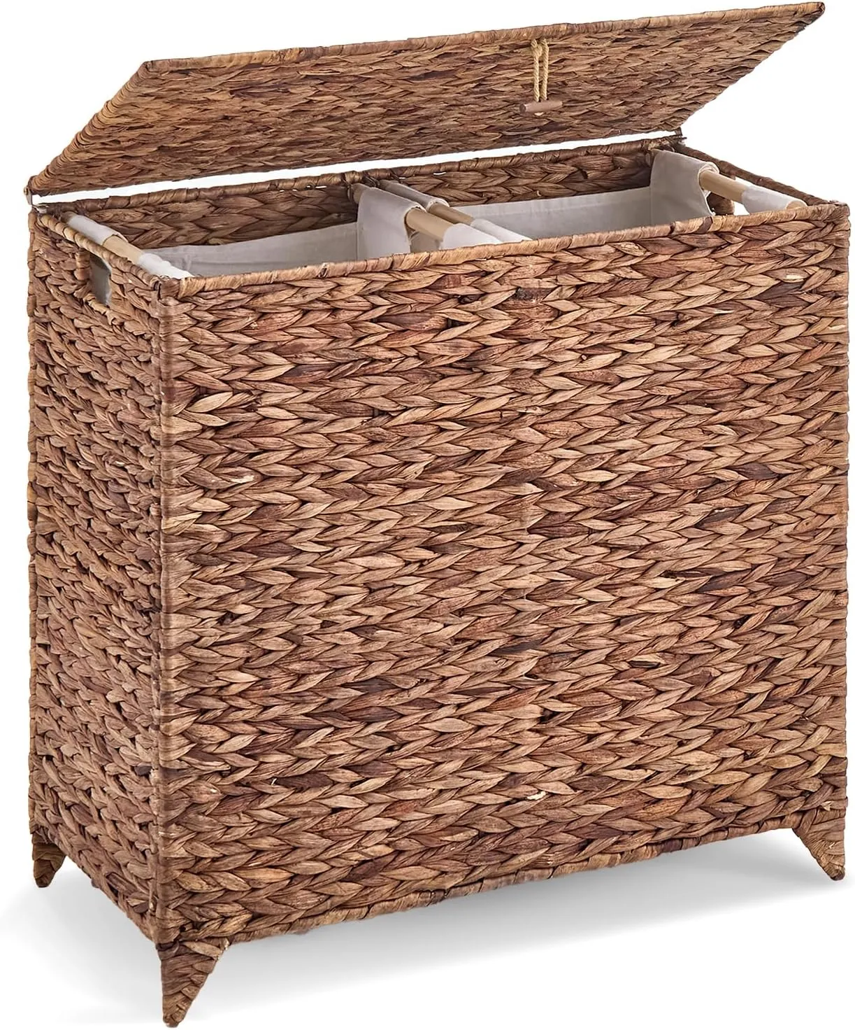 Large Laundry Hamper with Lid and 2 Removable Liner Bags, Natural Handwove Water Hyacinth Clothes Hamper,Wicker Laundry Basket, Foldable, Heightened Feet,Rattan Clothes Laundry Basket