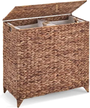 Large Laundry Hamper with Lid and 2 Removable Liner Bags, Natural Handwove Water Hyacinth Clothes Hamper,Wicker Laundry Basket, Foldable, Heightened Feet,Rattan Clothes Laundry Basket