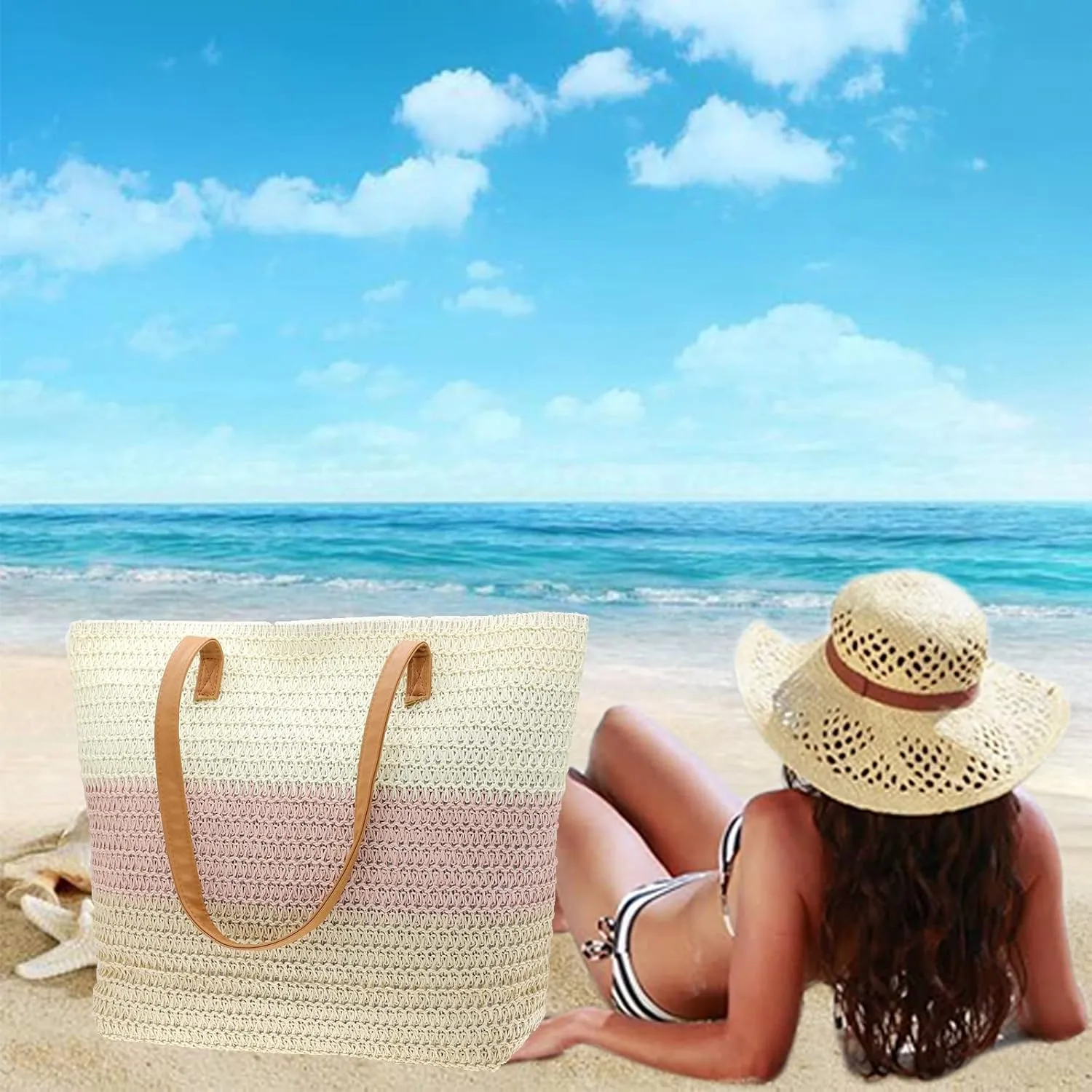 Large Straw Tote Bag for Women Rattan Woven Straw Beach Bag Purse Colored Stripe Shoulder Bags Handbag Summer