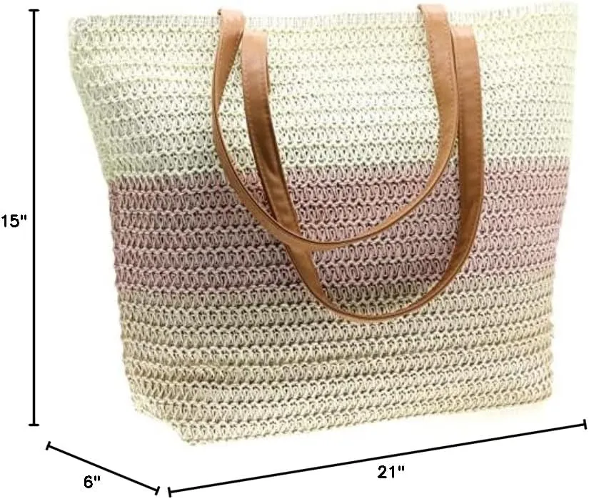 Large Straw Tote Bag for Women Rattan Woven Straw Beach Bag Purse Colored Stripe Shoulder Bags Handbag Summer