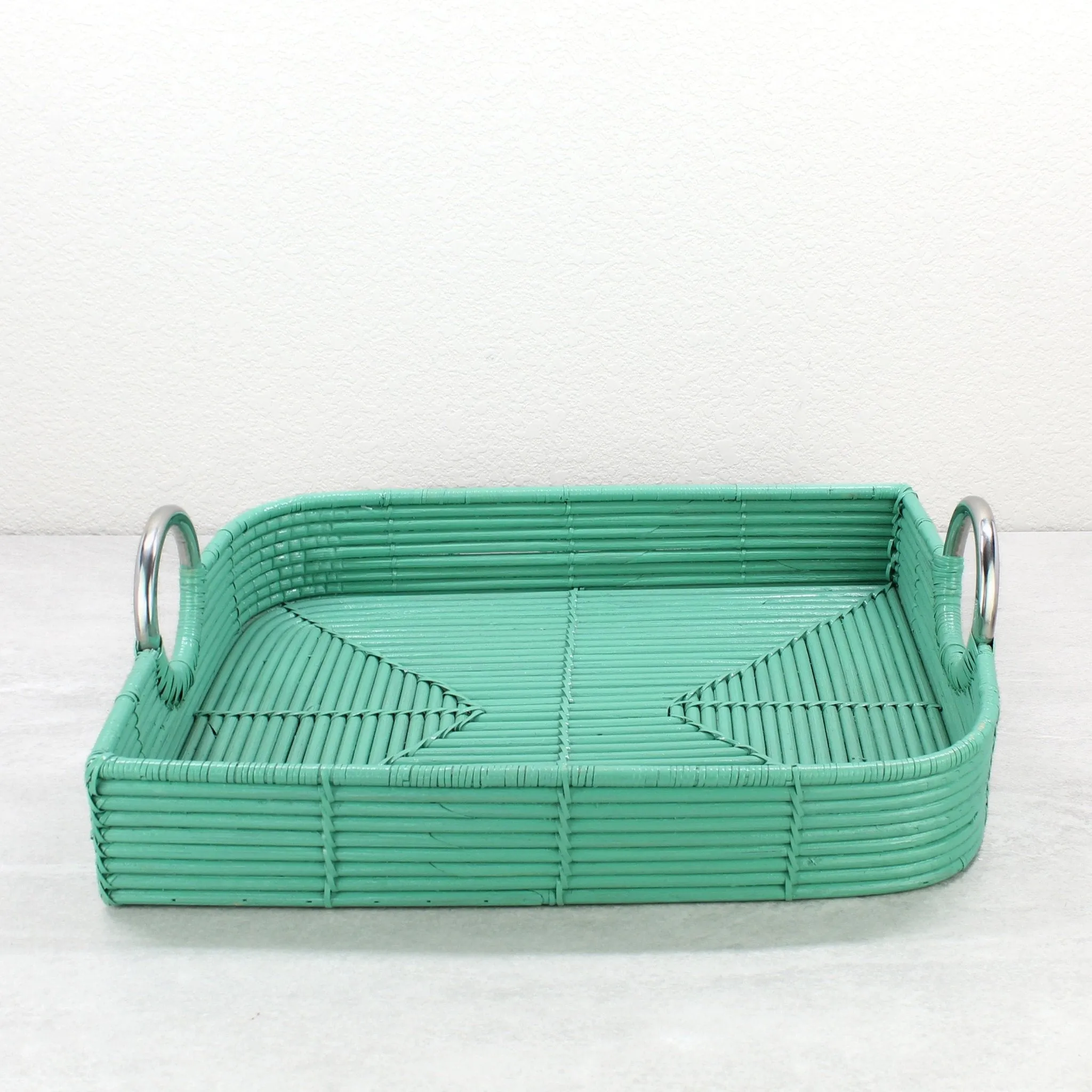 Leaf-Shaped Rattan Cane Tray with Modern Steel Handles