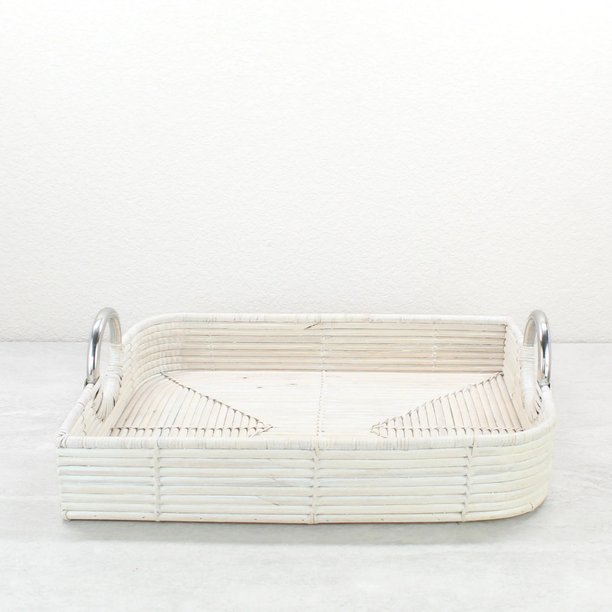 Leaf-Shaped Rattan Cane Tray with Modern Steel Handles