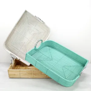Leaf-Shaped Rattan Cane Tray with Modern Steel Handles