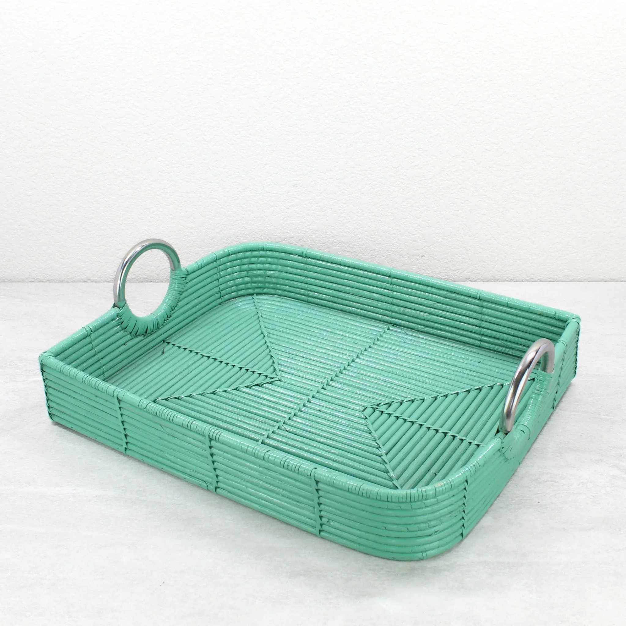 Leaf-Shaped Rattan Cane Tray with Modern Steel Handles