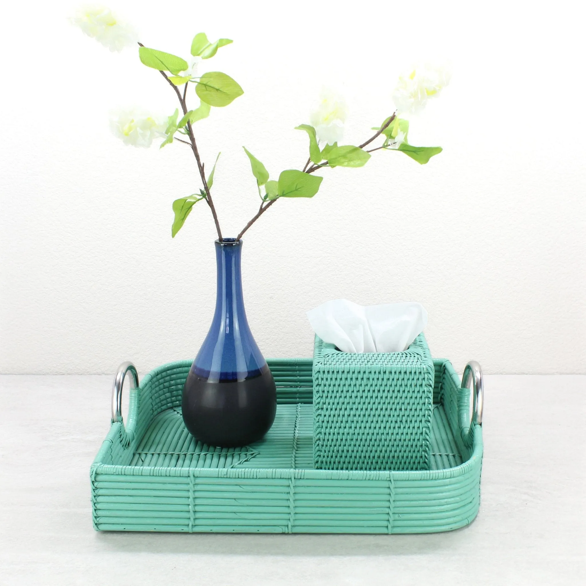 Leaf-Shaped Rattan Cane Tray with Modern Steel Handles