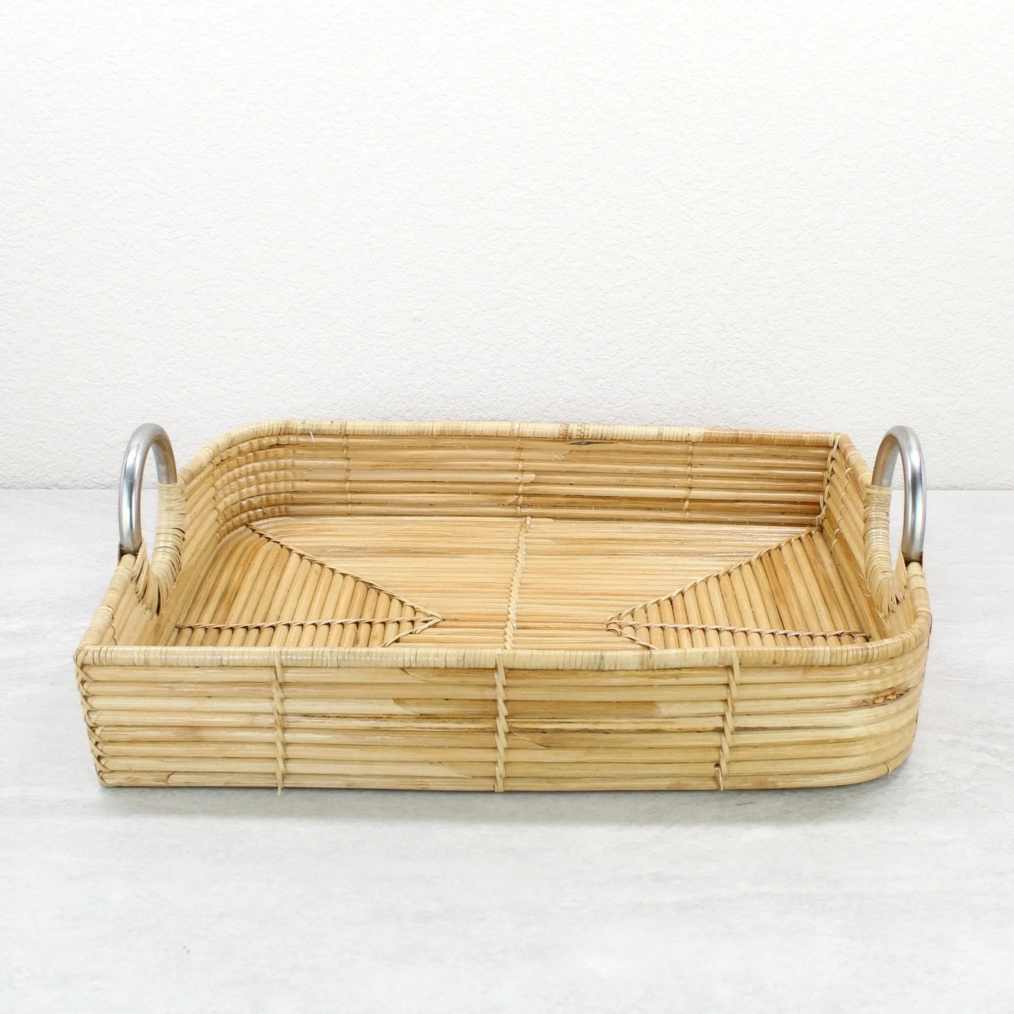 Leaf-Shaped Rattan Cane Tray with Modern Steel Handles