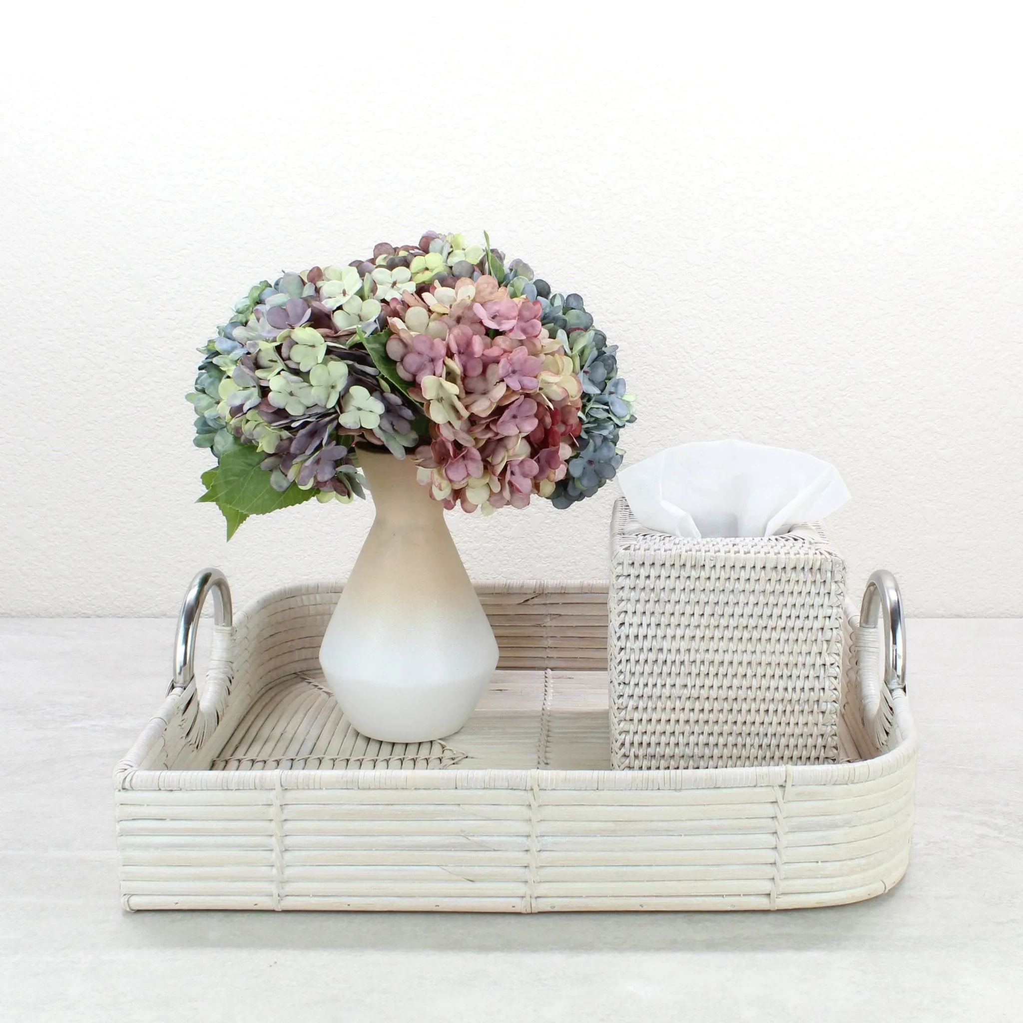 Leaf-Shaped Rattan Cane Tray with Modern Steel Handles