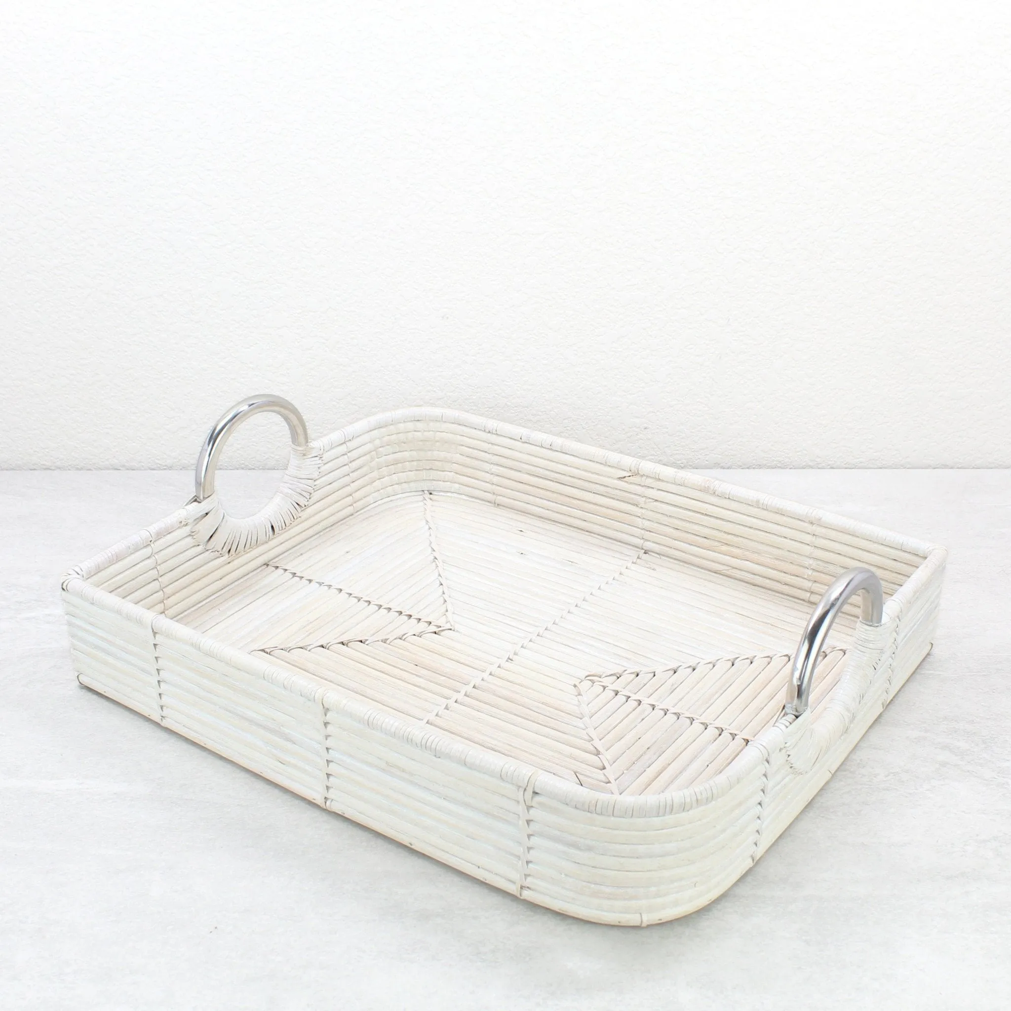 Leaf-Shaped Rattan Cane Tray with Modern Steel Handles