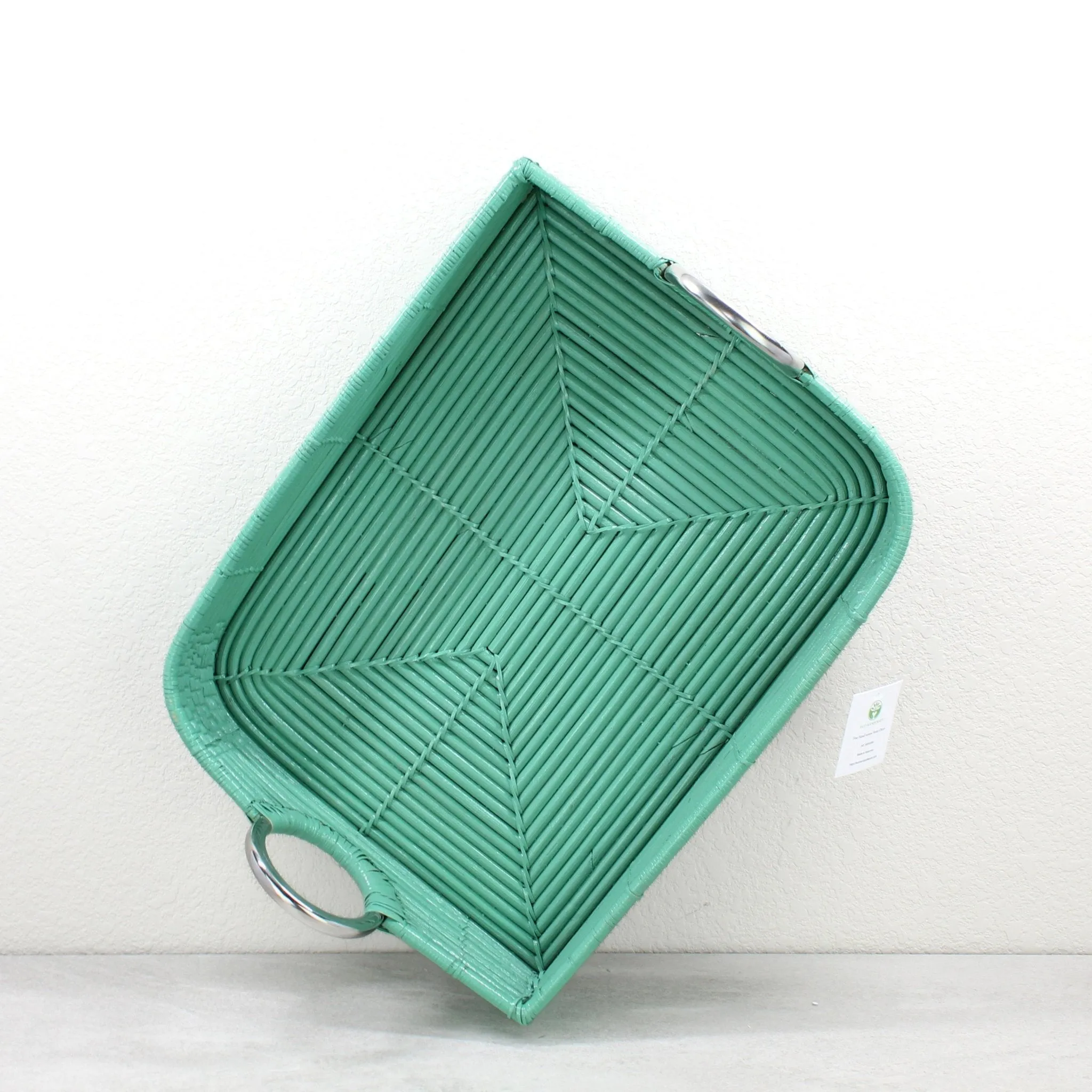 Leaf-Shaped Rattan Cane Tray with Modern Steel Handles