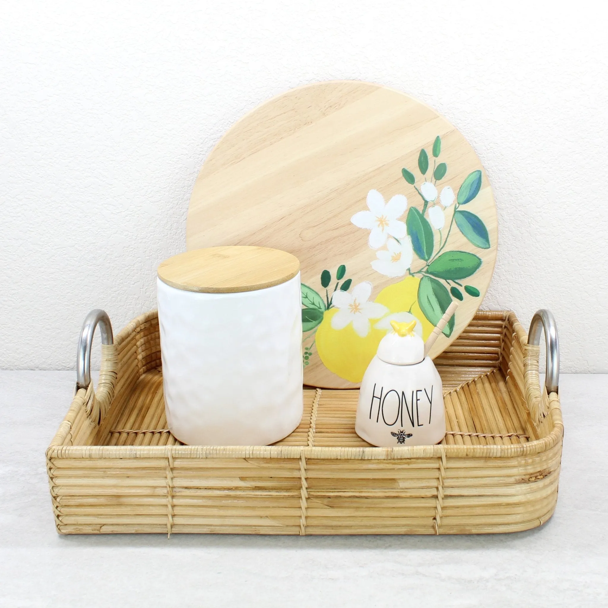 Leaf-Shaped Rattan Cane Tray with Modern Steel Handles