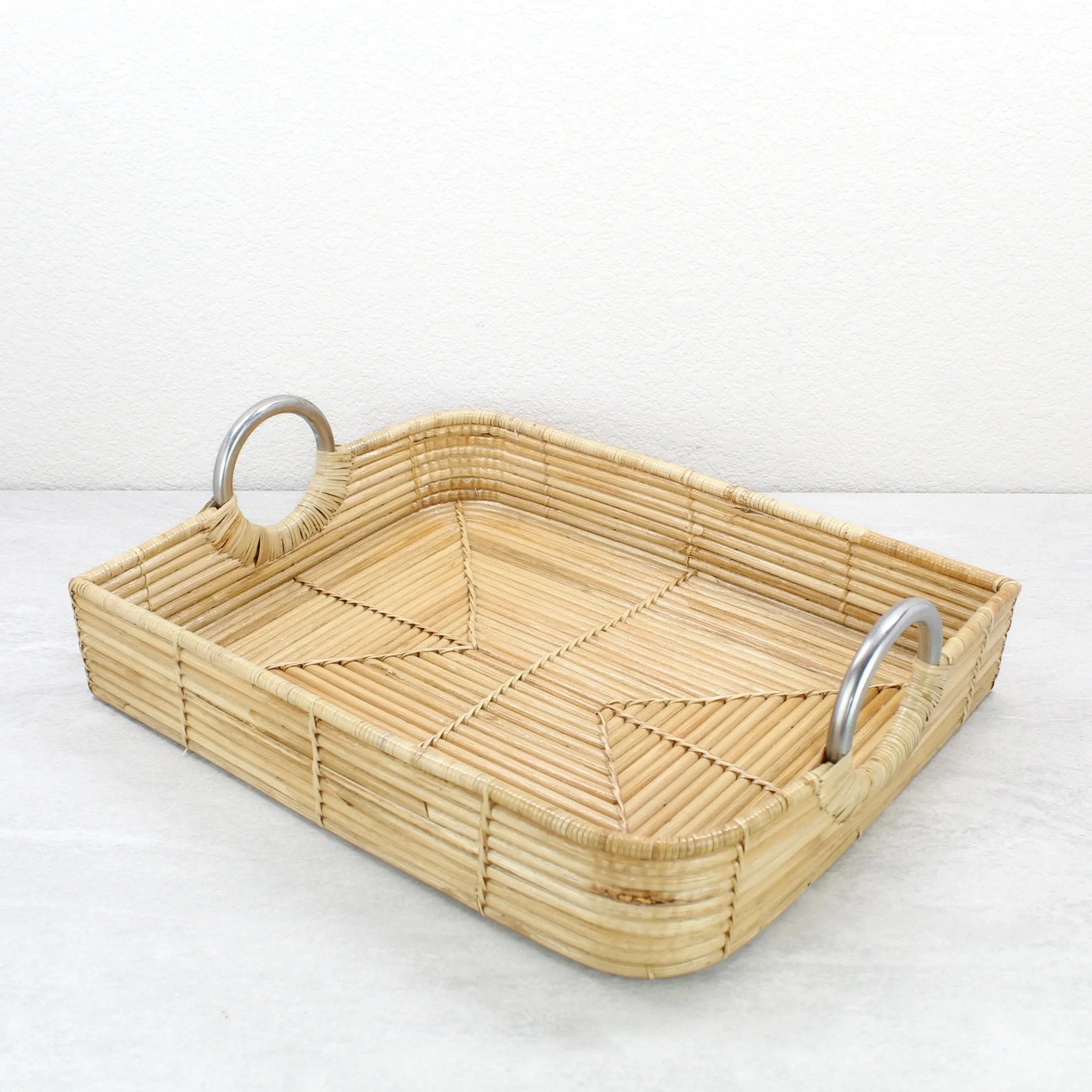 Leaf-Shaped Rattan Cane Tray with Modern Steel Handles