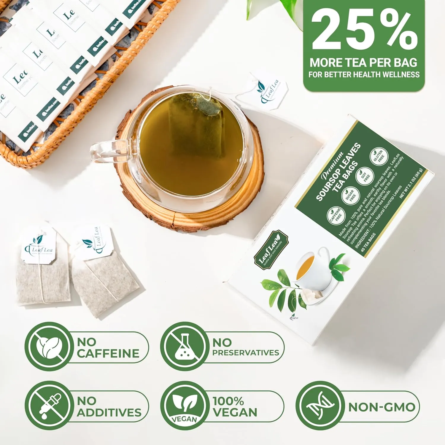 LeafLea 120 Soursop Tea Bags, from 100% Natural Pure Soursop Graviola Leaves, Improve Digestion, Support Healthy Skin & Sleep, Herbal Tea Caffeine-free, Hojas De Guanabana Tea, Non-GMO, Pack of 3