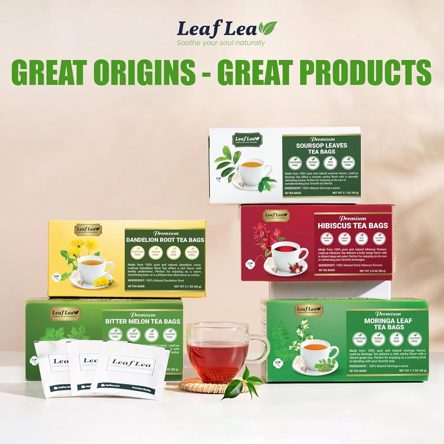 LeafLea 120 Soursop Tea Bags, from 100% Natural Pure Soursop Graviola Leaves, Improve Digestion, Support Healthy Skin & Sleep, Herbal Tea Caffeine-free, Hojas De Guanabana Tea, Non-GMO, Pack of 3