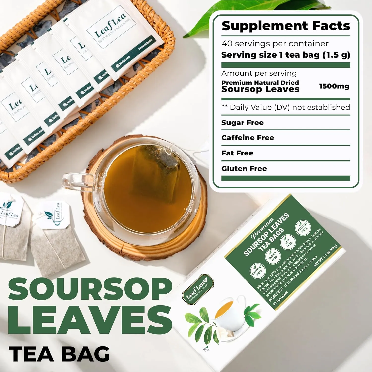 LeafLea 120 Soursop Tea Bags, from 100% Natural Pure Soursop Graviola Leaves, Improve Digestion, Support Healthy Skin & Sleep, Herbal Tea Caffeine-free, Hojas De Guanabana Tea, Non-GMO, Pack of 3