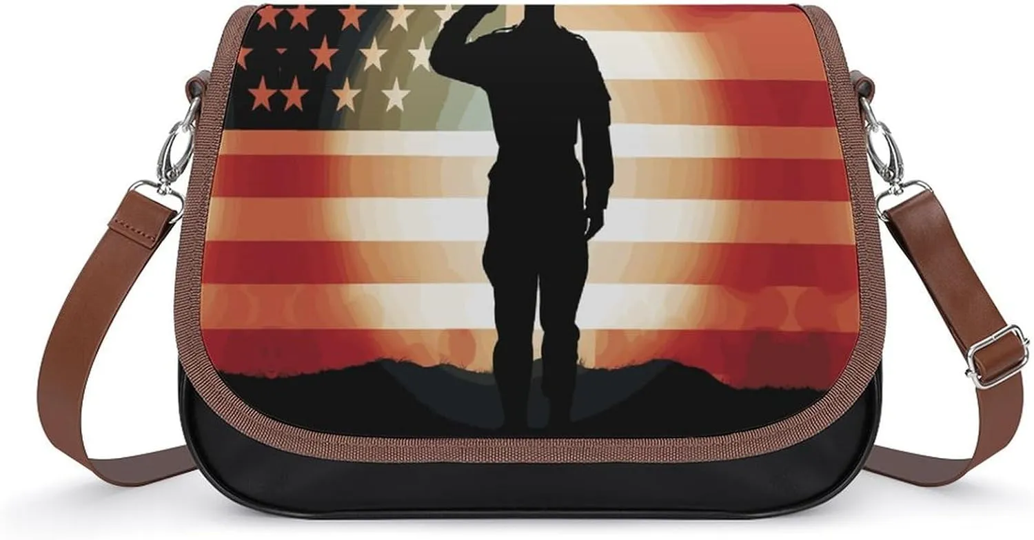 Leather Shoulder Bag for Women Soldier Saluting America Flag Crossbody Bags Small Shoulder Handbags Weekender Bag Shopper Handbag Travel Purse