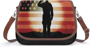 Leather Shoulder Bag for Women Soldier Saluting America Flag Crossbody Bags Small Shoulder Handbags Weekender Bag Shopper Handbag Travel Purse