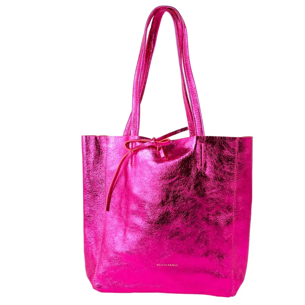 Leather Tote Medium Metallic Fuchsia