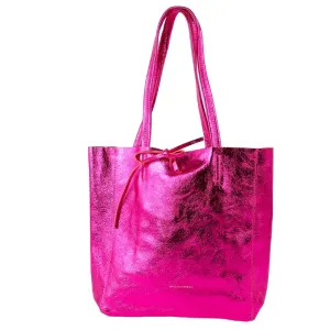 Leather Tote Medium Metallic Fuchsia
