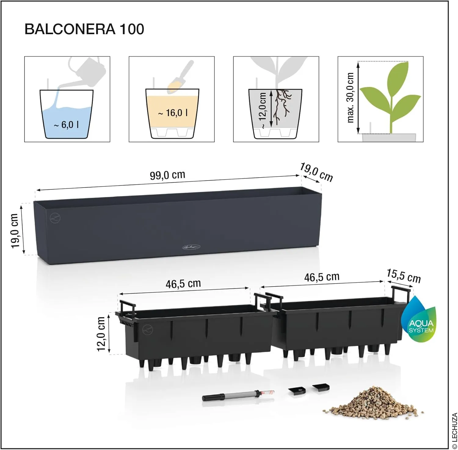 Lechuza - Balconera Cottage 100 Planter, Graphite Black, Balcony Box with Watering System, Water Level Indicator and Plant Insert, Wicker Look, 99 x 19 x 19 cm, 15915