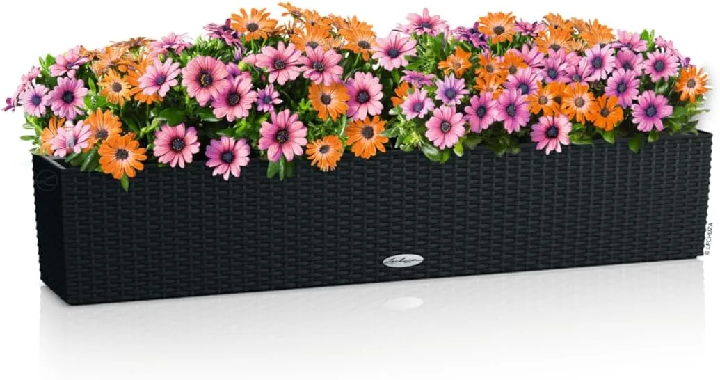 Lechuza - Balconera Cottage 100 Planter, Graphite Black, Balcony Box with Watering System, Water Level Indicator and Plant Insert, Wicker Look, 99 x 19 x 19 cm, 15915