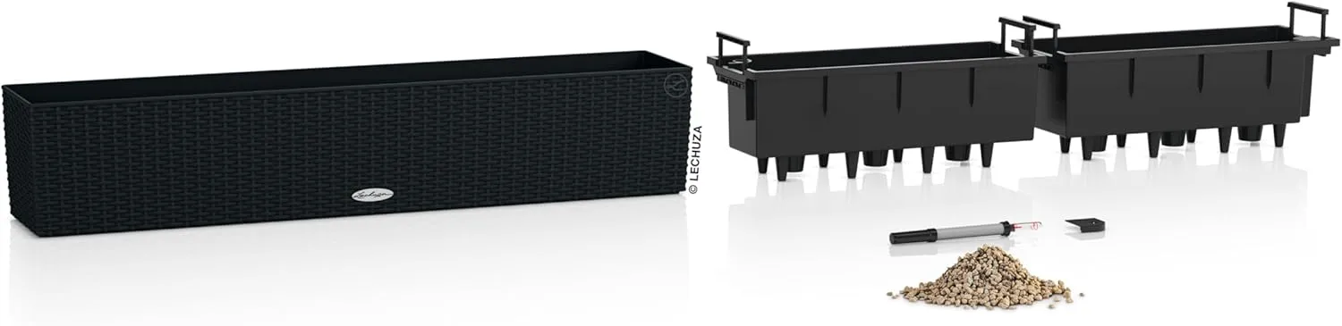 Lechuza - Balconera Cottage 100 Planter, Graphite Black, Balcony Box with Watering System, Water Level Indicator and Plant Insert, Wicker Look, 99 x 19 x 19 cm, 15915