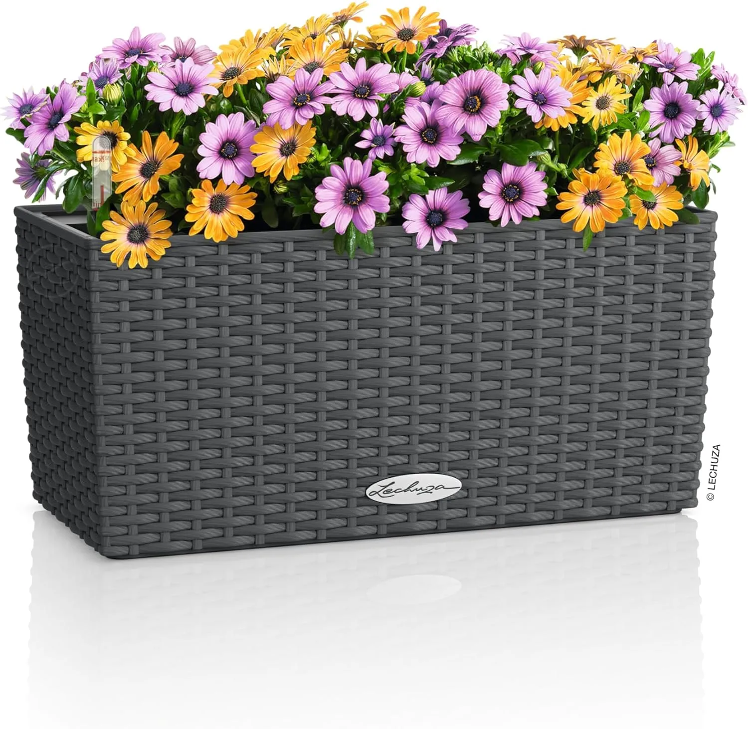 Lechuza - Balconera Cottage 40 Granite Planter, Balcony Box with Watering System, Water Level Indicator and Plant Insert, Wicker Look, 40 x 19 x 19 cm, 15471