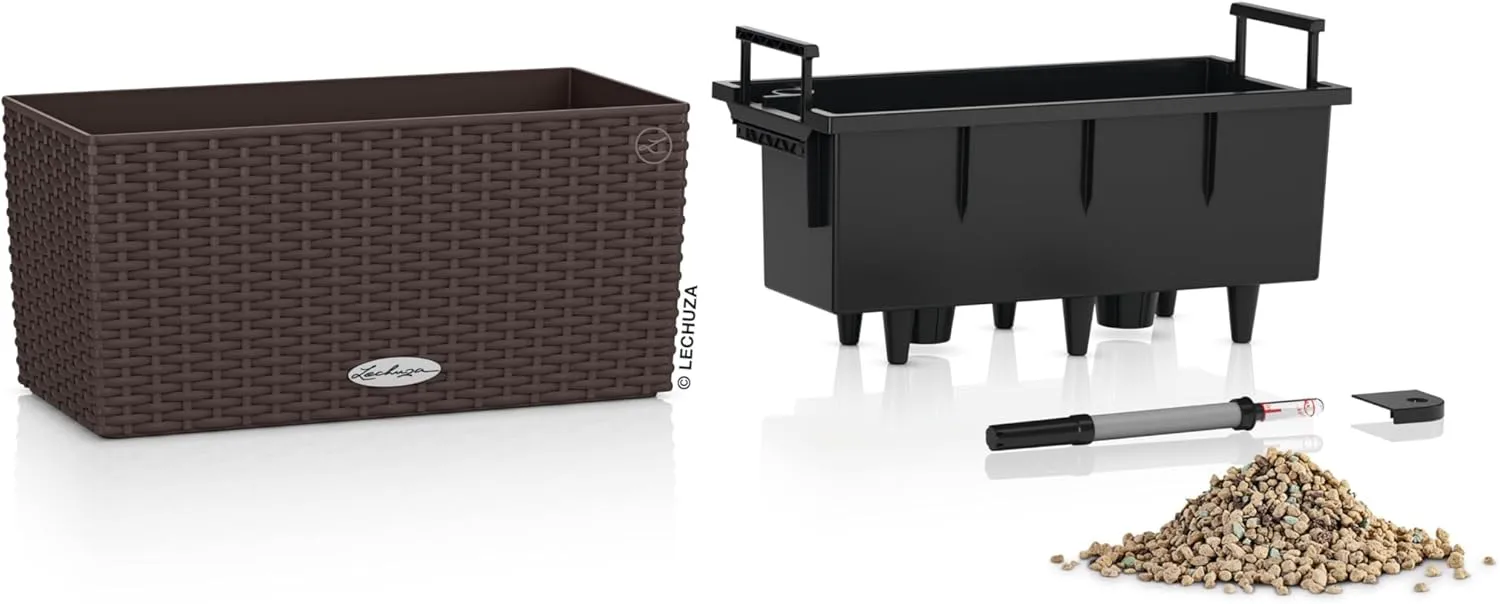 Lechuza - Balconera Cottage 40 Mocha Planter, Balcony Box with Watering System, Water Level Indicator and Plant Insert, Wicker Look, 40 x 19 x 19 cm, 15472