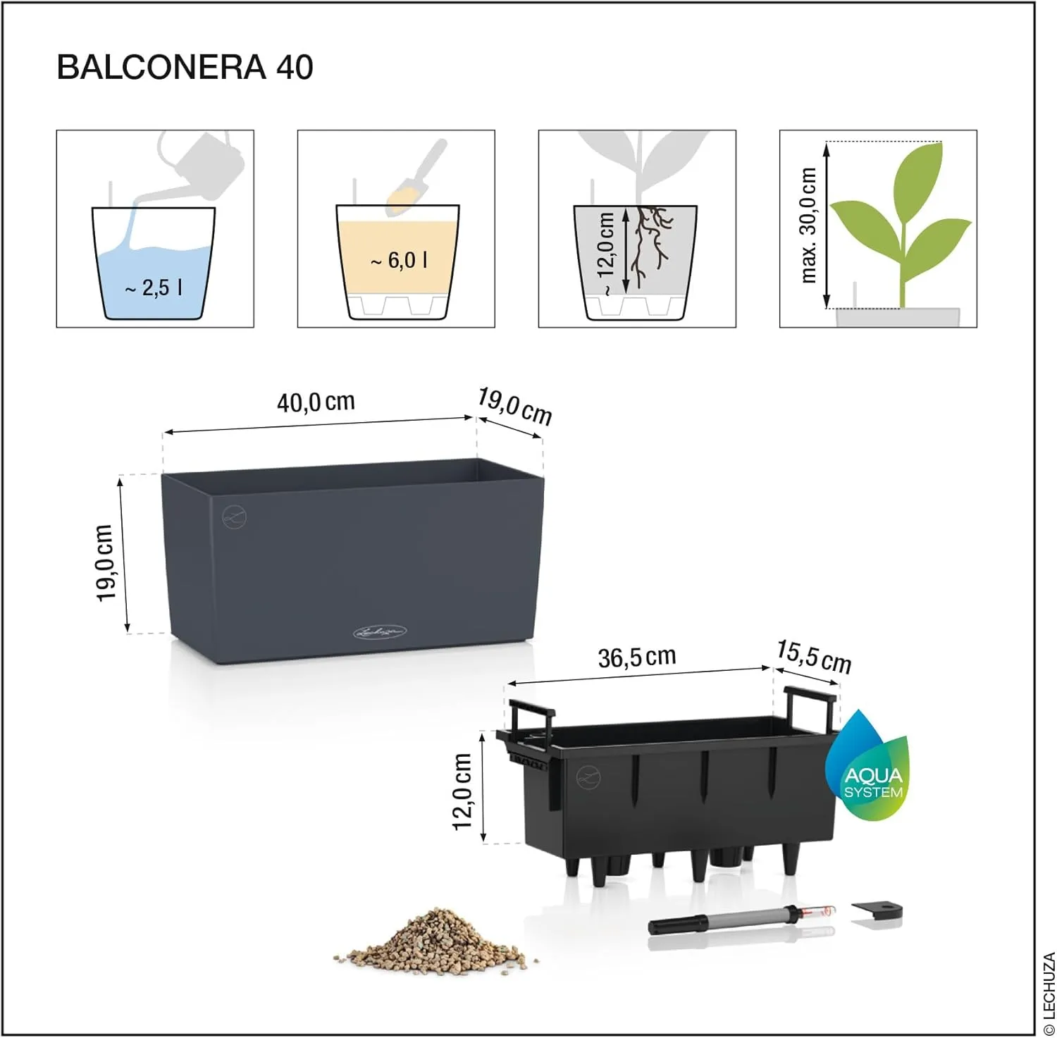 Lechuza - Balconera Cottage 40 Mocha Planter, Balcony Box with Watering System, Water Level Indicator and Plant Insert, Wicker Look, 40 x 19 x 19 cm, 15472