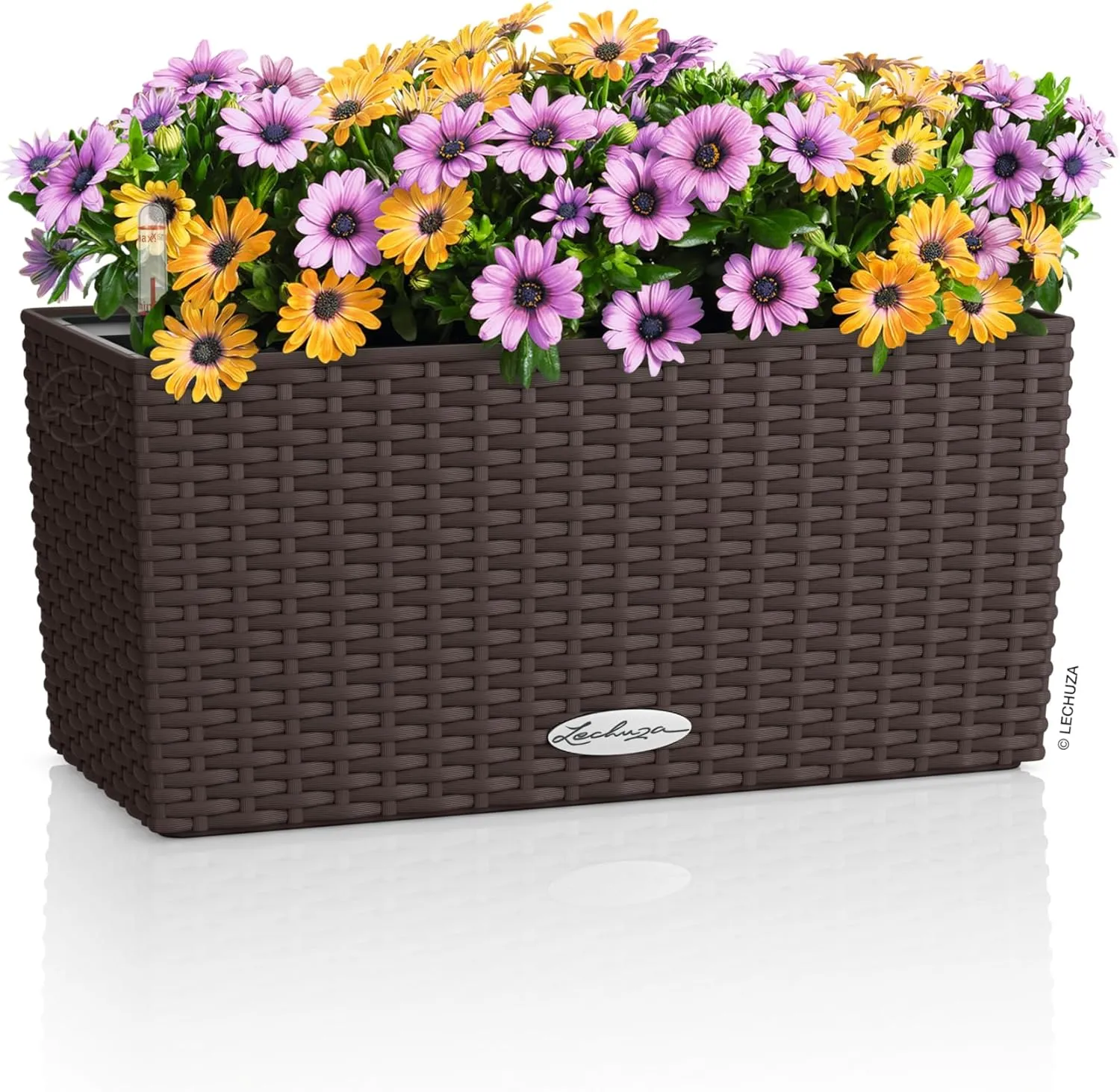 Lechuza - Balconera Cottage 40 Mocha Planter, Balcony Box with Watering System, Water Level Indicator and Plant Insert, Wicker Look, 40 x 19 x 19 cm, 15472
