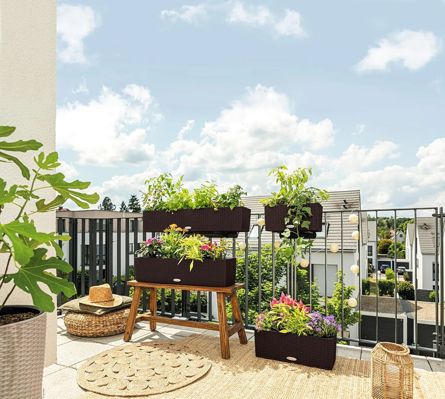 Lechuza - Balconera Cottage 40 Mocha Planter, Balcony Box with Watering System, Water Level Indicator and Plant Insert, Wicker Look, 40 x 19 x 19 cm, 15472