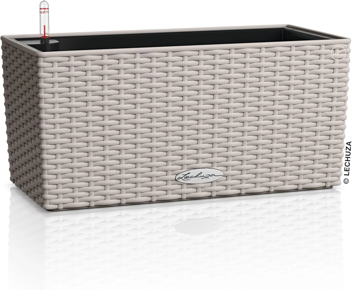 Lechuza - Balconera Cottage 40 Planter, Sand Brown, Balcony Box with Watering System, Water Level Indicator and Plant Insert, Wicker Look, 40 x 19 x 19 cm, 15474