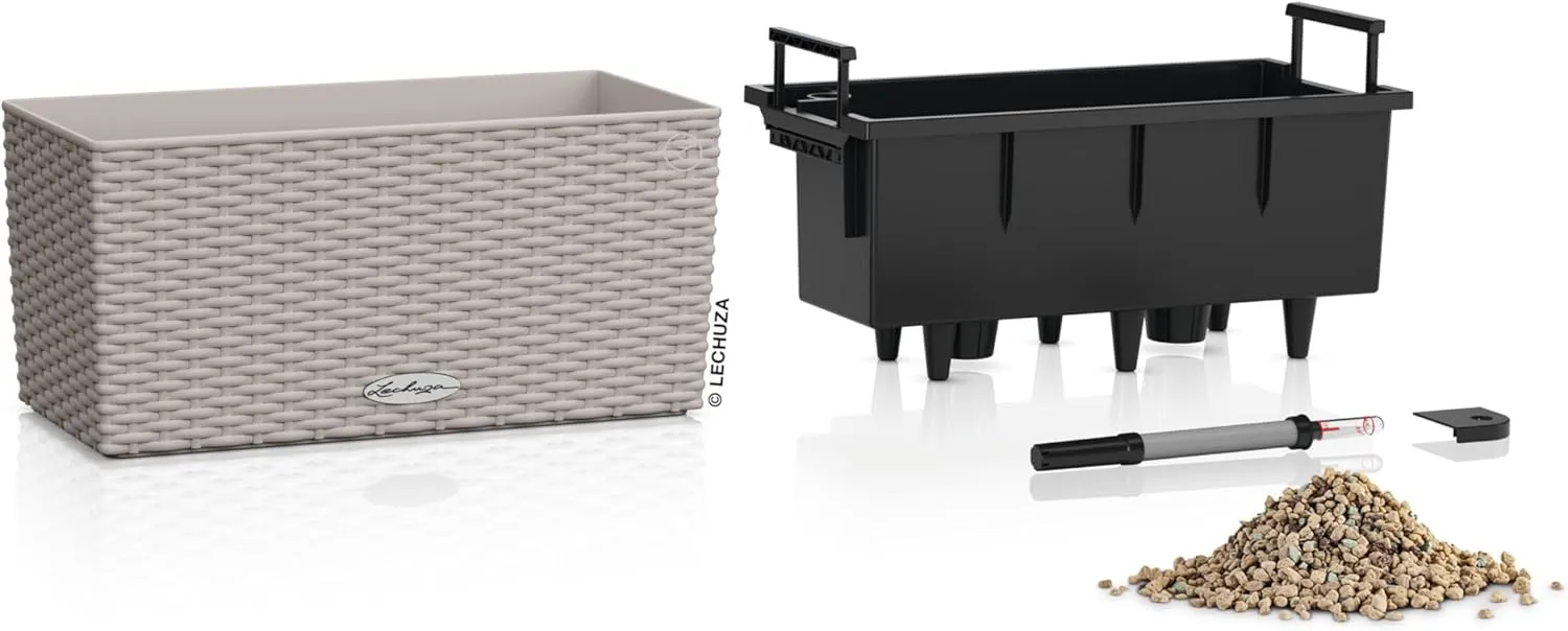 Lechuza - Balconera Cottage 40 Planter, Sand Brown, Balcony Box with Watering System, Water Level Indicator and Plant Insert, Wicker Look, 40 x 19 x 19 cm, 15474