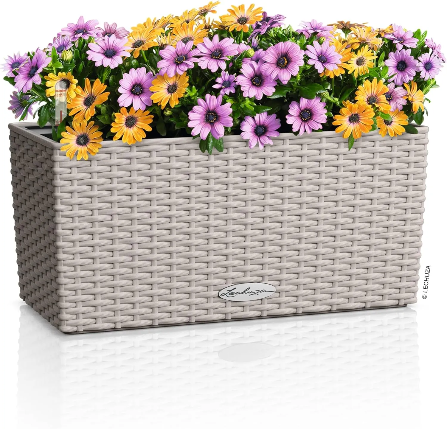 Lechuza - Balconera Cottage 40 Planter, Sand Brown, Balcony Box with Watering System, Water Level Indicator and Plant Insert, Wicker Look, 40 x 19 x 19 cm, 15474