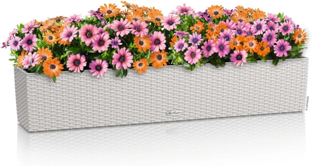 Lechuza - Balcony Planter Cottage 100 Light Grey, Balcony Box with Watering System, Water Level Indicator and Plant Insert, Wicker Look, 99 x 19 x 19 cm, 15913