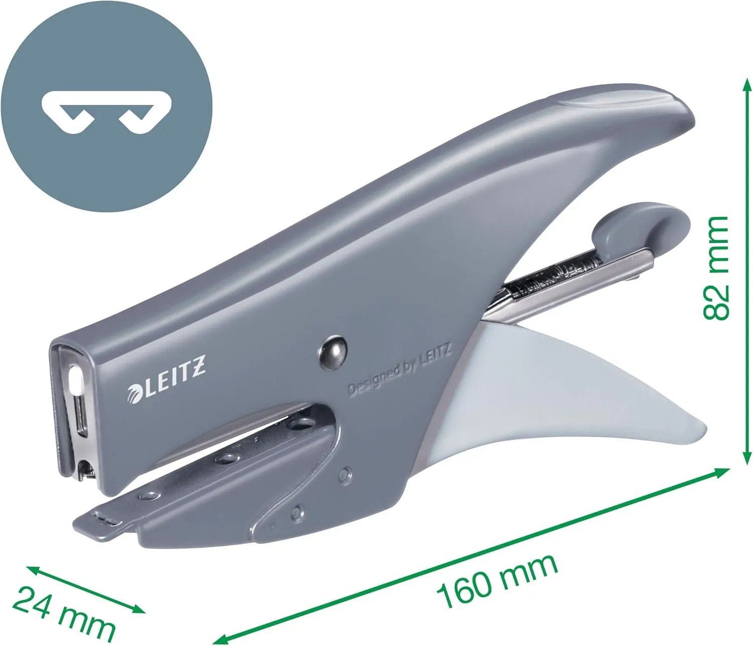 Leitz Pliers Stapler, Office and Home, 15 Sheets, Metal, Ergonomic, Metallic Blue, Wow, 55311036